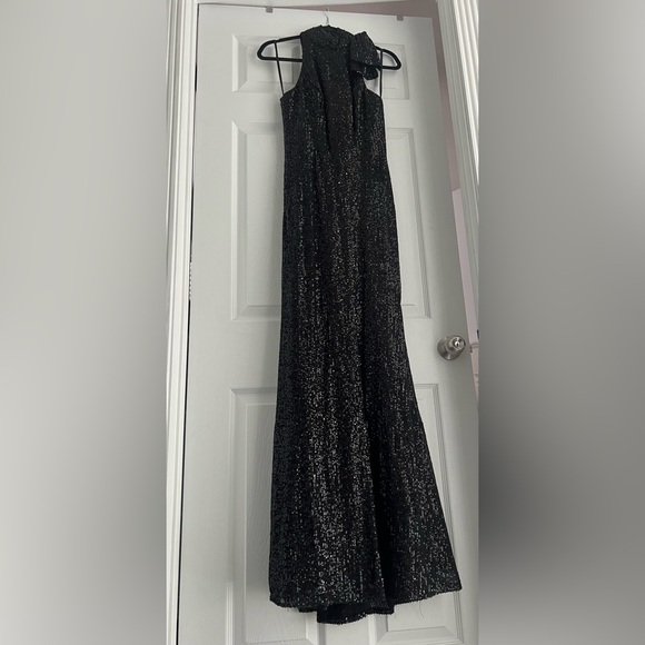 MacDuggal Sequined Soft Tie Halter Neck Column Gown - Picture 7 of 7